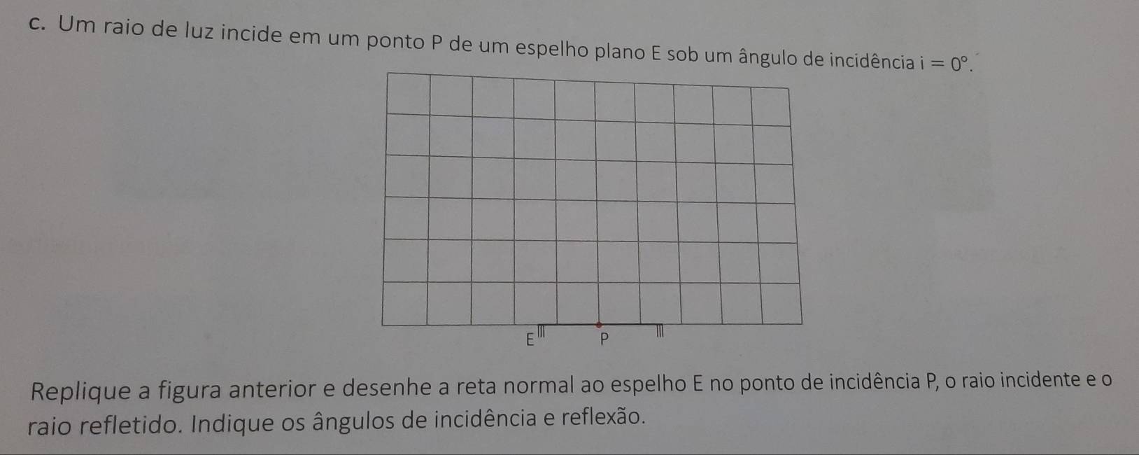 Um raio de luz incide em um ponto P de um espelho plano E sob um ângulo de incidência i=0°. 
E P
Replique a figura anterior e desenhe a reta normal ao espelho E no ponto de incidência P, o raio incidente e o 
raio refletido. Indique os ângulos de incidência e reflexão.