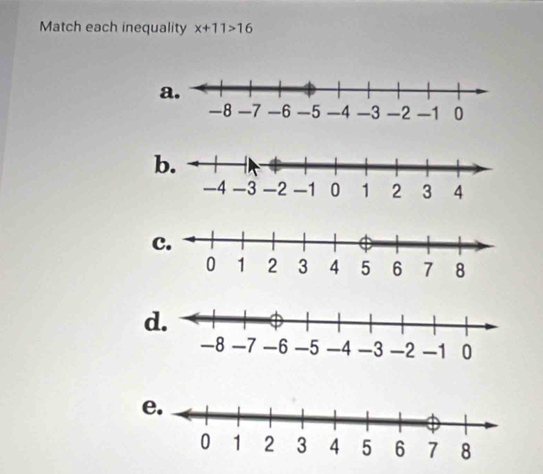 Match each inequality x+11>16
a. 
c. 
e.