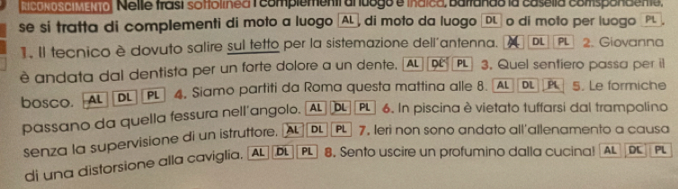 RI CONOSCIMENO, Nelle trasi soffolinea l complement anuogo e ináica, ballando la caselia comspendenta, 
se si tratta di complementi di moto a luogo (AL, di moto da luogo DL o di moto per luogo PL, 
1. Il tecnico è dovuto salire sul tetto per la sistemazione dell'antenna. DL PL 2. Giovanna 
è andata dal dentista per un forte dolore a un dente, AL DL PL 3. Quel sentiero passa per il 
bosco. AL DL PL 4. Siamo partiti da Roma questa mattina alle 8. AL DL P 5. Le formiche 
passano da quella fessura nell’angolo. [AL DL PL 6. In piscina è vietato tuffarsi dal trampolino 
senza la supervisione di un istruttore. AL DL PL 7, leri non sono andato all'allenamento a causa 
di una distorsione alla caviglia. AL DL PL] 8. Sento uscire un profumino dalla cucina! AL DC PL