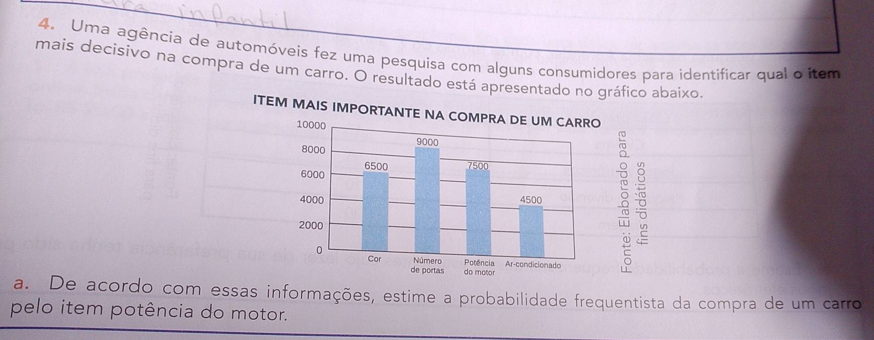 Uma agência de automóveis fez uma pesquisa com alguns consumidores para identificar qual o item 
mais decisivo na compra de um carro. O resultado está apresentado no gráfico abaixo. 
ITEM MAIS IMPORTANTE NA COMPRA DE UM CARRO
10000
9000
8000
6500 7500
6000
4000 4500
2000
0
Cor Número Potência Ar-condicionado 
de portas do motor 
ǒ 2
a. De acordo com essas informações, estime a probabilidade frequentista da compra de um carro 
pelo item potência do motor.