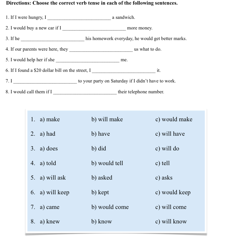 Directions: Choose the correct verb tense in each of the following sentences. 
1. If I were hungry, I_ a sandwich. 
2. I would buy a new car if I _more money. 
3. If he _his homework everyday, he would get better marks. 
4. If our parents were here, they _us what to do. 
5. I would help her if she_ me. 
6. If I found a $20 dollar bill on the street, I _it. 
7.I _to your party on Saturday if I didn’t have to work. 
8. I would call them if I_ their telephone number.