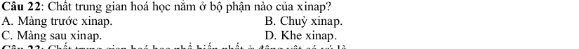 Chất trung gian hoá học năm ở bộ phận nào của xinap?
A. Màng trước xinap. B. Chuỳ xinap.
C. Màng sau xinap. D. Khe xinap.