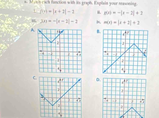 Match cach function with its graph. Explain your reasoning.
L f(x)=|x+2|-2 i. g(x)=-|x-2|+2
iiI. f(x)=-|x-2|-2 lv. m(x)=|x+2|+2
A
B
C
D