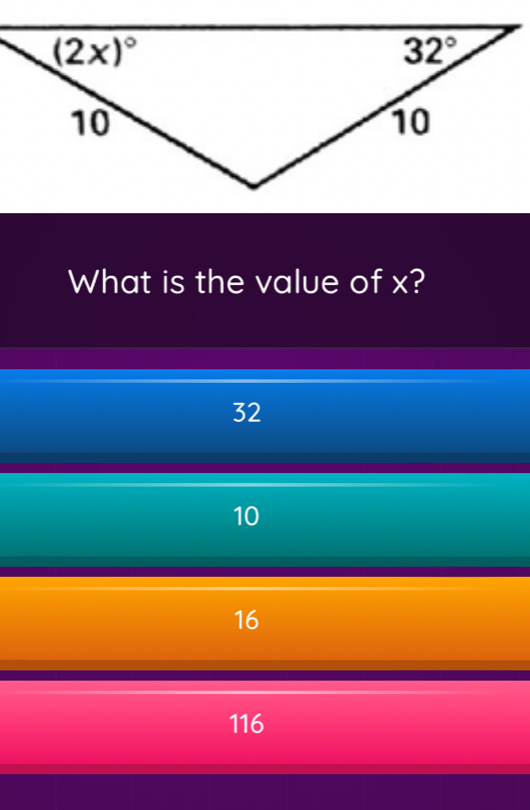 What is the value of x?
32
10
16
116