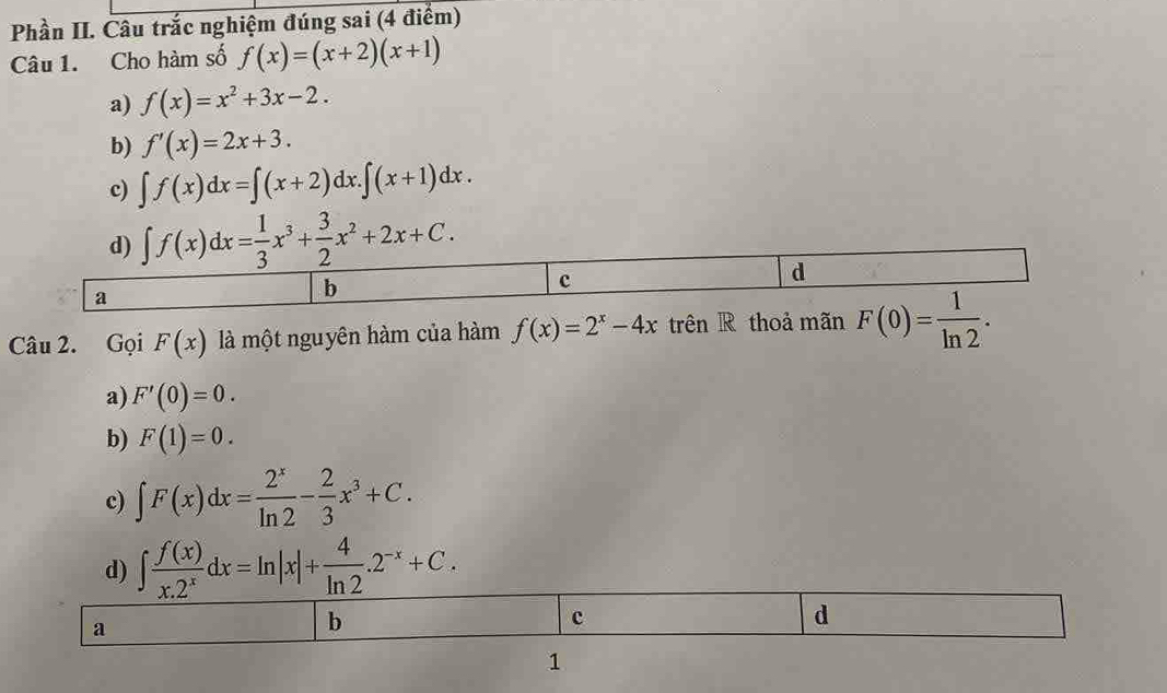 Phần II. Câu trắc nghiệm đúng sai (4 điểm)
Câu 1. Cho hàm số f(x)=(x+2)(x+1)
a) f(x)=x^2+3x-2.
b) f'(x)=2x+3.
c) ∈t f(x)dx=∈t (x+2)dx.∈t (x+1)dx.
∈t f(x)dx= 1/3 x^3+ 3/2 x^2+2x+C. 
Câu 2. Gọi F(x) là một nguyên hàm của hàm f(x)=2^x-4x trên R thoả mãn F(0)= 1/ln 2 .
a) F'(0)=0.
b) F(1)=0.
c) ∈t F(x)dx= 2^x/ln 2 - 2/3 x^3+C.
d) ∈t  f(x)/x.2^x dx=ln |x|+ 4/ln 2 .2^(-x)+C. 
a
b
c
d
1