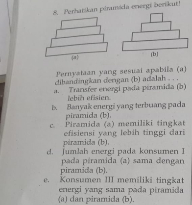 Perhatikan piramida energi berikut!
(a)
Pernyataan yang sesuai apabila (a)
dibandingkan dengan (b) adalah . . .
a. Transfer energi pada piramida (b)
lebih efisien.
b. Banyak energi yang terbuang pada
piramida (b).
c. Piramida (a) memiliki tingkat
efisiensi yang lebih tinggi dari
piramida (b).
d. Jumlah energi pada konsumen I
pada piramida (a) sama dengan
piramida (b).
e. Konsumen III memiliki tingkat
energi yang sama pada piramida
(a) dan piramida (b).