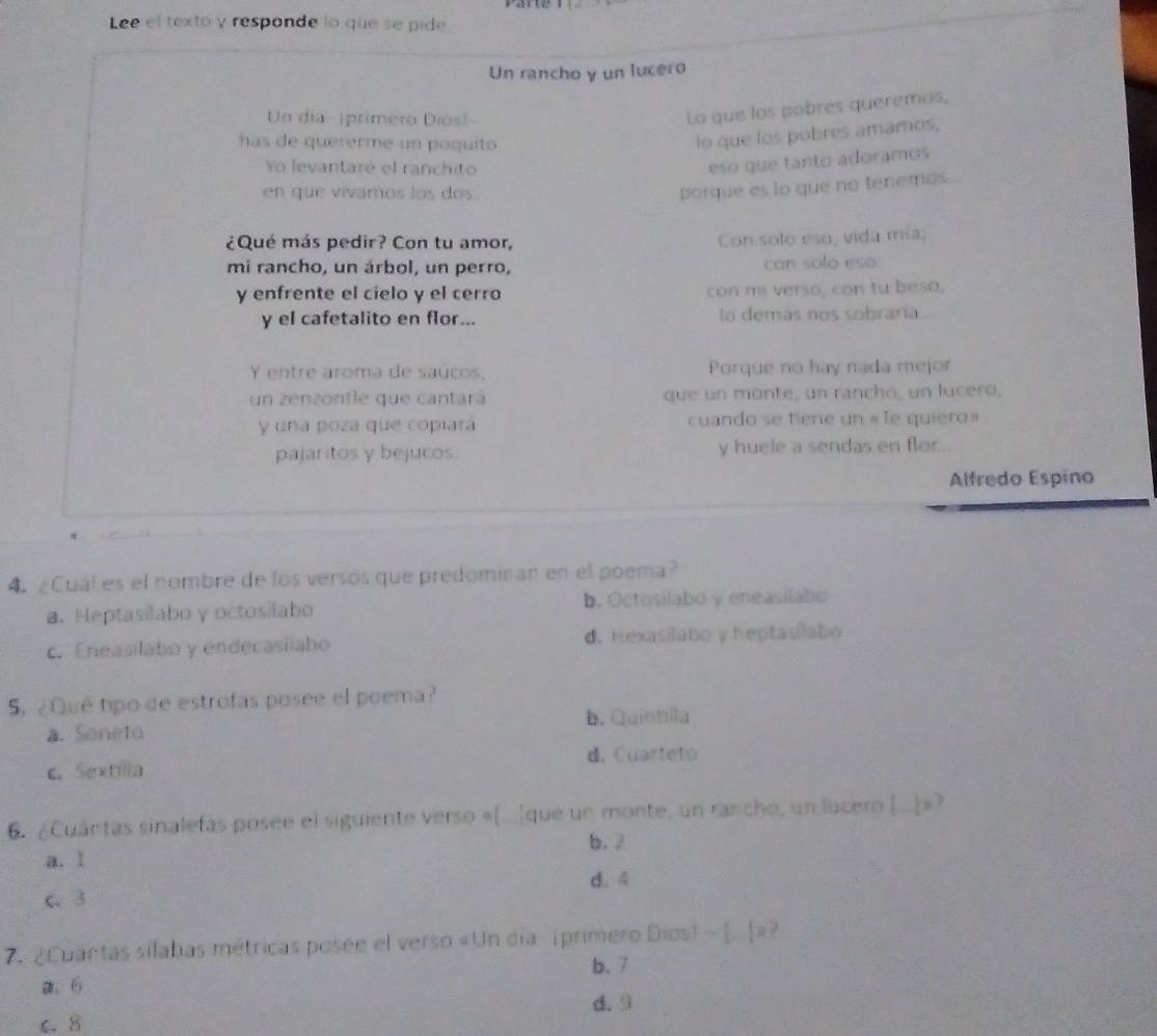 Lee el texto y responde lo que se pide
Un rancho y un lucero
Un día- |primero Dios!-
La que los pobres queremas,
has de quererme un poquito
in que los pobres amamos,
Yo levantaré el ranchito
eso que tanto adoramos
en que vívaros los dos
porque es lo que no tenemas
¿Qué más pedir? Con tu amor, Con solo eso, vida mía;
mi rancho, un árbol, un perro, can solo eso:
y enfrente el cielo y el cerro con mi verso, con tu beso,
y el cafetalito en flor... lo demás nos sobraría
Y entre aroma de saúcos, Porque no hay nada mejor
un zenzontle que cantará que un monte, un ranchó, un lucero,
y una poza que copiará cuando se tiene un « le quiero»
pajaritos y bejucos. y huele a sendas en flor
Alfredo Espino
4 ¿Cual es el nombre de los versos que predominan en el poema?
a. Heptasilabo y octosilabo b. Octosilabo y eneasilabo
c. Eneasilabo y endecasilabo d. Hexasilabo y heptasílabo
5. ¿Qué tipo de estrofas posee el poema?
a. Soneto b. Quintilla
d. Cuarteto
c. Sextilla
6. ¿Cuantas sinalefas posee el siguiente verso «(...|que un monte, un rancho, un lucero [..]»?
b. 2
a. 1
d. 4
c. 3
7. ¿Cuantas silabas métricas posee el verso «Un día primero Dios! - ..|»?
b. 7
a、 6
d. 9
c. 8