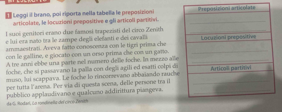 Leggi il brano, poi riporta nella tabella le preposizioni 
articolate, le locuzioni prepositive e gli articoli partitivi. 
I suoi genitori erano due famosi trapezisti del circo Zenith 
e lui era nato tra le zampe degli elefanti e dei cavalli 
ammaestrati. Aveva fatto conoscenza con le tigri prima che 
con le galline, e giocato con un orso prima che con un gatto. 
A tre anni ebbe una parte nel numero delle foche. In mezzo alle 
foche, che si passavano la palla con degli agili ed esatti colpi di 
muso, lui scappava. Le foche lo rincorrevano abbaiando rauche 
per tutta l’arena. Per via di questa scena, delle persone tra il 
pubblico applaudivano e qualcuno addirittura piangeva. 
da G. Rodari, La rondinella del circo Zenith