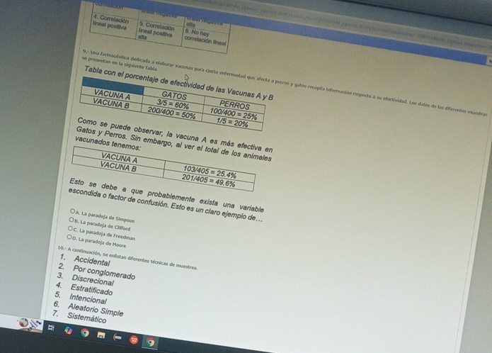 entan en la siguiente tablada a elaborar vaconas para cios y gatos recopia información respecto a su efectividad. Los datos de las diferentes muentras
Tabla
la vacuna A es
vacuna
Perros. Sin emb
obablemente exista una varíable
a o factor de confusión. Esto es un claro ejemplo de ..
A. La paradoja de Símpson
B. La paradoja de Cliffoed
C. La paradoja de Freedman
D. La paradoja de Moore
10.- A continuación, se enlistan diferentes técnicas de muestreo.
1. Accidental
2. Por conglomerado
3. Discrecional
4. Estratificado
5. Intencional
6. Aleatorio Simple
7. Sistemático