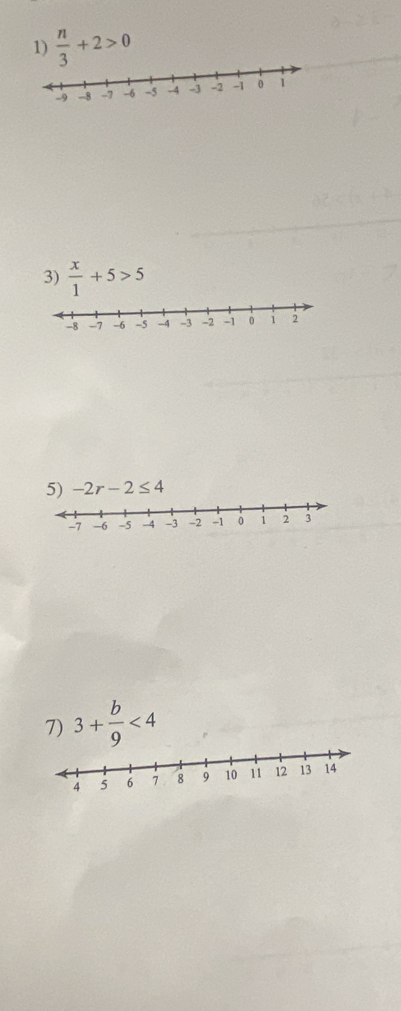  n/3 +2>0
3)  x/1 +5>5
5) -2r-2≤ 4
7) 3+ b/9 <4</tex>