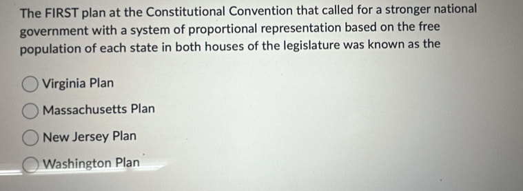 The FIRST plan at the Constitutional Convention that called for a stronger national
government with a system of proportional representation based on the free
population of each state in both houses of the legislature was known as the
Virginia Plan
Massachusetts Plan
New Jersey Plan
Washington Plan