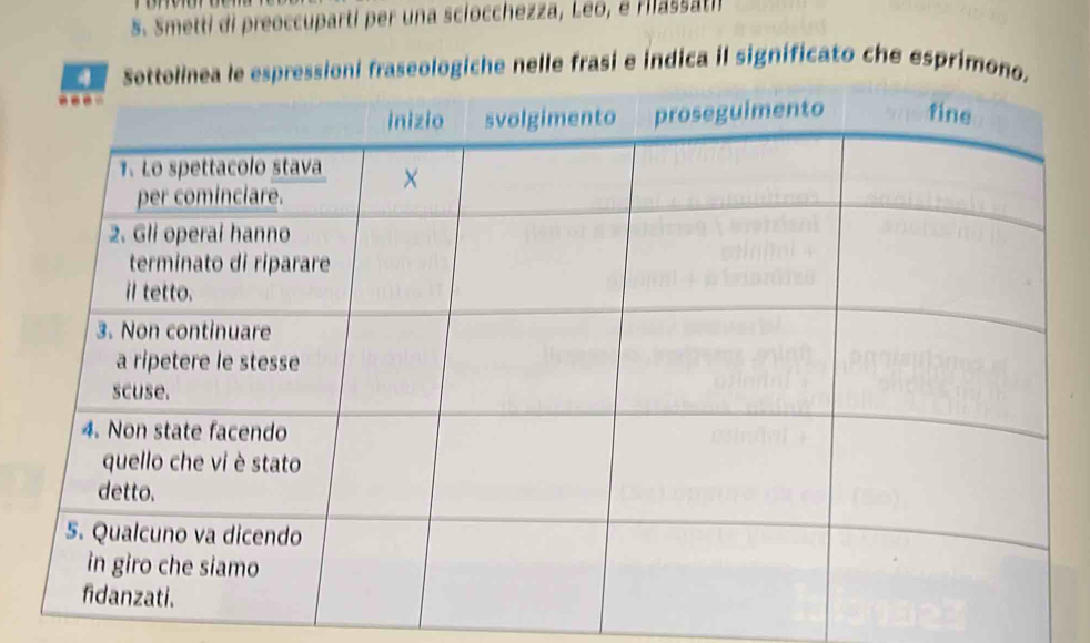 Smetti di preoccuparti per una sciocchezza, Leo, e rasstii 
le espressioni fraseologiche nelle frasi e indica il significato che esprimono.