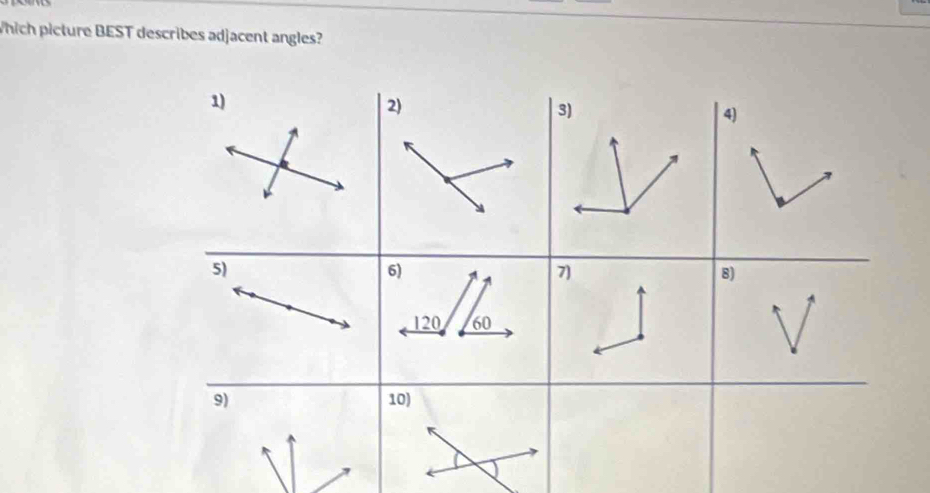 Which picture BEST describes adjacent angles? 
1) 
3) 
5) 
7) 
8) 
9)