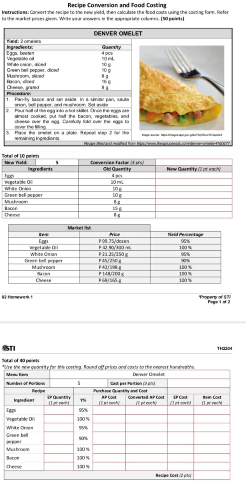 Recipe Conversion and Food Costing
Instructions: Convert the recipe to the new yield, then calculate the food costs using the costing form. Refer
to the market prices given. Write your answers in the appropriate columns. (50 points)
DENVER OMELET
Yield: 2 omelets
Ingredients: Quantity
Eggs, beaten 4 pcs
Vegetable oil 10 mL
White onion, diced 10 g
Green bell pepper, diced 10 g
Mushroom, sliced 8 g
Bacon, diced 15 g
Cheese, grated 8 g
Procedure:
1. Pan-fry bacon and set aside. In a similar pan, saute
onion, bell pepper, and mushroom. Set aside
2. Pour half of the egg into a hot skillet. Once the eggs are
almost cooked, put half the bacon, vegetables, and
cheese over the egg. Carefully fold over the eggs to
cover the filling.
3. Place the omelet on a plate. Repeat step 2 for the limage aouros: htps:/mages.app.9oo.gVbT3gHMV7C3cp62A
remaining ingredients
Recipe lifted and modified from https://www.thespruceeats.com/denver-omelet-4160677
T
02 Homework 1 'Property of STI
Page 1 of 2
STI TH2204
Total of 40 points
*U