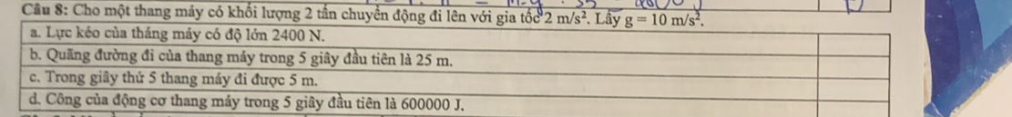 Cầu 8: Cho một thang máy có khối lượng