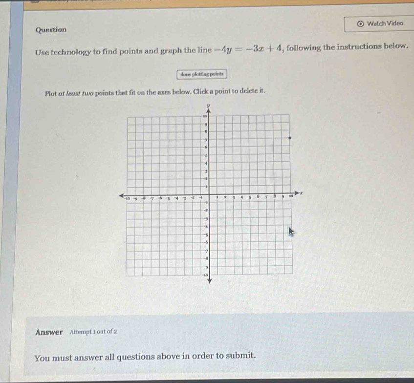 Question Watch Video 
Use technology to find points and graph the line -4y=-3x+4 , following the instructions below. 
done plotting paints 
Plot at least two points that fit on the axes below. Click a point to delete it. 
Answer Attempt 1 out of 2 
You must answer all questions above in order to submit.