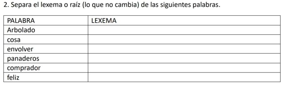 Separa el lexema o raíz (lo que no cambia) de las siguientes palabras.