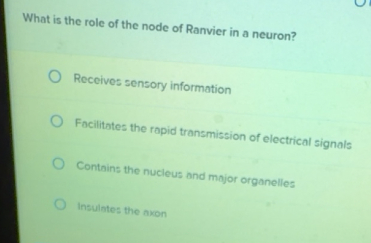 Gelöst:What is the role of the node of Ranvier in a neuron? Receives ...