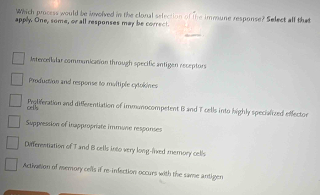 Which process would be involved in the clonal selection of the immune response? Select all that
apply. One, some, or all responses may be correct.
Intercellular communication through specific antigen receptors
Production and response to multiple cytokines
Proliferation and differentiation of immunocompetent B and T cells into highly specialized effector
cells
Suppression of inappropriate immune responses
Differentiation of T and B cells into very long-lived mernory cells
Activation of memory cells if re-infection occurs with the same antigen