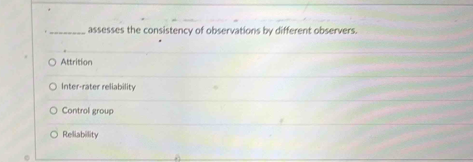 assesses the consistency of observations by different observers.
Attrition
Inter-rater reliability
Control group
Reliability