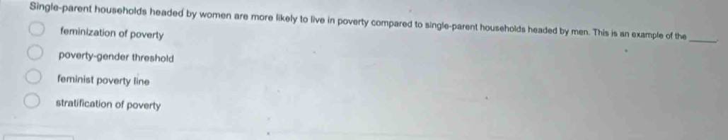 Single-parent households headed by women are more likely to live in poverty compared to single-parent households headed by men. This is an example of the
feminization of poverly
_
poverty-gender threshold
feminist poverty line
stratification of poverty