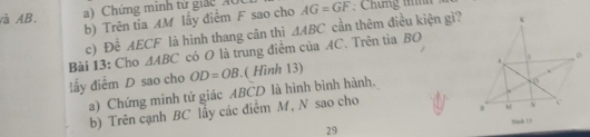 và AB. a) Chứng minh tử giác A0 AG=GF
b) Trên tia AM lấy điểm F sao cho 
c) Để AECF là hình thang cân thì 
Bài 13: Cho △ ABC có O là trung điểm của AC. Trên tìa BO △ ABC cần thêm điều kiện gì? 
đấy điểm D sao cho OD=OB ( Hình 13) 
a) Chứng minh tứ giác ABCD là hình bình hành. 
b) Trên cạnh BC lầy các điểm M, N sao cho 
29