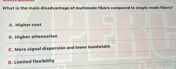 What is the main disadvantage of multimode fibers compared to single-mode fibers?
A. Higher cost
B. Higher attenuation
C. More signal dispersion and lower bandwidth
D. Limited flexibility