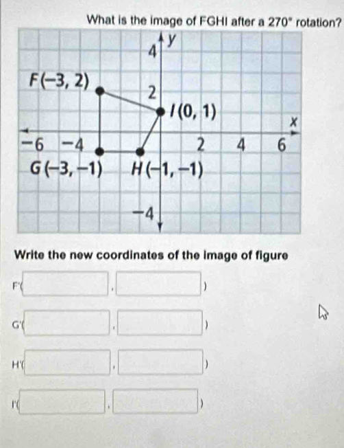 Write the new coordinates of the image of figure
F'(□ ,□ )
G (□ ,□ )
H (□ ,□ )
r(□ ,□ )