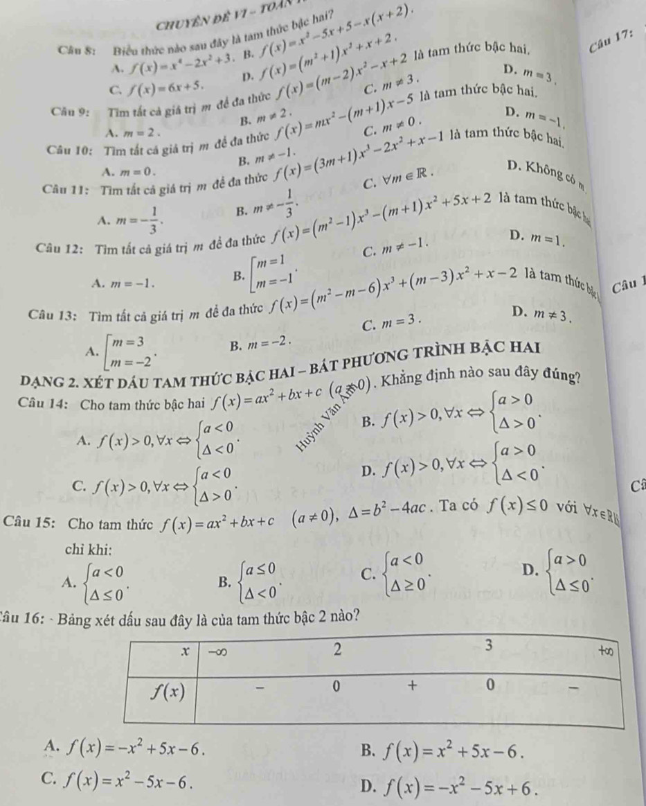 huyên đề vI - toàn
Câu 8: Biểu thức nào sau đây là tam thức bậc hai? f(x)=x^2-5x+5-x(x+2). là tam thức bậc hai, Câu 17:
A. f(x)=x^4-2x^2+3. B. f(x)=(m^2+1)x^2+x+2.
D.
C. f(x)=6x+5.
Câu 9: Tim tất cả giá trị m đề đa thức f(x)=(m-2)x^2-x+2 C. m!= 3.
D. m=3.
là tam thức bậc hai.
D.
B. m!= 2. m=-1.
A. m=2.
Câu 10: Tìm tắt cá giả trị m đề đa thức f(x)=mx^2-(m+1)x-5 C. m!= 0. là tam thức bậc hai
B. m!= -1.
A. m=0.
Câu 11: Tìm tất cả giá trị m đề đa thức f(x)=(3m+1)x^3-2x^2+x-1 C. forall m∈ R. D. Không có m
A. m=- 1/3 . B. m!= - 1/3 .
là tam thức bậc h
Câu 12: Tìm tất cả giá trị m đề đa thức f(x)=(m^2-1)x^3-(m+1)x^2+5x+2 m!= -1.
D. m=1.
B. beginarrayl m=1 m=-1endarray. .
C.
là tam thức bà
A. m=-1. Câu 1
Câu 13: Tìm tất cả giá trị m đề đa thức f(x)=(m^2-m-6)x^3+(m-3)x^2+x-2 D. m!= 3.
C. m=3.
A. beginbmatrix m=3 m=-2endarray. . B. m=-2.
đạng 2. xét dáu tam thức bạc hai - bát phương trình bậc hai
Câu 14: Cho tam thức bậc hai f(x)=ax^2+bx+c(a!= 0) Khẳng định nào sau đây đúng?
Văn
A. f(x)>0,forall xLeftrightarrow beginarrayl a<0 △ <0endarray. . Huỳnh B. f(x)>0,forall xLeftrightarrow beginarrayl a>0 △ >0endarray. .
C. f(x)>0,forall xLeftrightarrow beginarrayl a<0 △ >0endarray. .
D. f(x)>0,forall xLeftrightarrow beginarrayl a>0 △ <0endarray. .
Câ
Câu 15: Cho tam thức f(x)=ax^2+bx+c (a!= 0),△ =b^2-4ac. Ta có f(x)≤ 0 với Vị ∈ RI
chỉ khi:
A. beginarrayl a<0 △ ≤ 0endarray. . beginarrayl a≤ 0 △ <0endarray. .
B.
C. beginarrayl a<0 △ ≥ 0endarray. . beginarrayl a>0 △ ≤ 0endarray. .
D.
Tầu 16: - Bảng xét dấu sau đây là của tam thức bậc 2 nào?
A. f(x)=-x^2+5x-6. B. f(x)=x^2+5x-6.
C. f(x)=x^2-5x-6.
D. f(x)=-x^2-5x+6.