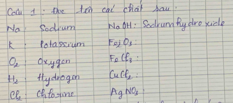 Cocu 1: Doe ten cai char bau? 
Na Sodum _aOH :Sodrum fy aro xicle 
N 
k( Potalssium Fe_2O_3
O_2 Oxygen
FeCl_3
H_2 flydrogon CuCl_2
Cl_2 Chtosline
AgNO_3