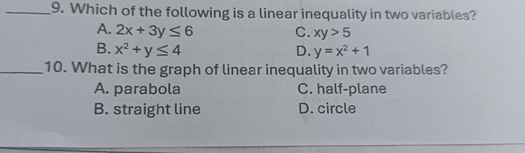 Solved: Which of the following is a linear inequality in two variables ...