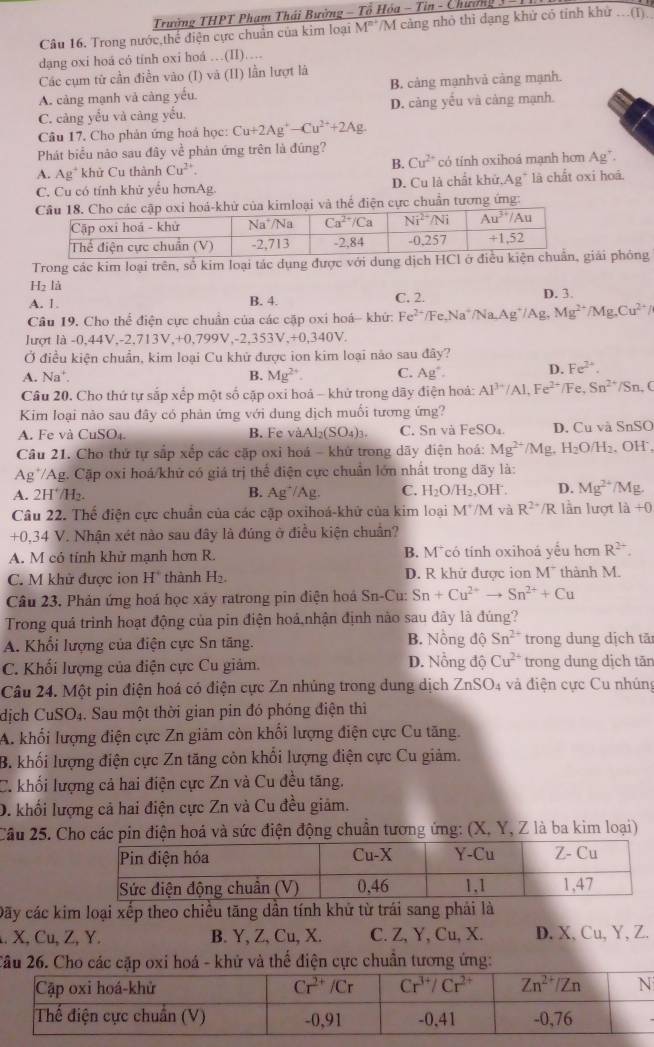 Trường THPT Phạm Thái Bường - Tổ Hóa - Tin - Chương 3
Câu 16. Trong nước,thế điện cực chuẩn của kim loại M^(n^ /M càng nhỏ thì dạng khử có tính khử .(I).
dạng oxi hoá có tính oxi hoá …(II)…
Các cụm từ cần điễn vào (I) và (II) lần lượt là
A. càng mạnh và càng yếu. B. cảng mạnhvả cảng mạnh.
C. càng yếu và càng yếu. D. càng yếu và cảng mạnh.
Câu 17, Cho phản ứng hoá học: Cu+2Ag^+)-Cu^(2+)+2Ag.
Phát biểu nào sau đây về phản ứng trên là đúng?
A. Ag* khử Cu thành Cu^(2+). B. Cu^(2+) có tính oxihoá mạnh hơm Ag^r.
C. Cu có tính khử yểu hơnAg. D. Cu là chất khử,Ag* là chất oxi hoá.
Cầu 18. Cho các cập oxi hoá-khử của kimloại và thể điện cực chuẩn tương ứng:
Trong các kim loại trên, số kim loại tác dụng được với duiải phóng
H_2l_0
A. 1. B. 4. C. 2. D. 3.
Câu 19. Cho thể điện cực chuẩn của các cặp oxi hoá- khứ: Fe^(2+) F c.Na^+/NaAg^+/Ag Mg^(2+)/Mg.Cu^(2+)/
lượt là -0,44V,-2,713V,+0,799V,-2,353V,+0,340V.
Ở điều kiện chuẩn, kim loại Cu khử được ion kim loại nào sau đây?
A. Na^+. B. Mg^(2+) C. Ag^+. D. Fe^(2+).
Câu 20. Cho thứ tự sắp xếp một số cặp oxi hoà - khử trong dãy điện hoá: Al^(3+)/Al,Fe^(2+)/Fe,Sn^(2+) /Sn, C
Kim loại nào sau đây có phản ứng với dung dịch muối tương ứng?
A. Fe và CuSO₄ B. Fe vaAl_2(SO_4)_3. C. Sn và FeSO_4 D. Cu và SnSO
Câu 21. Cho thứ tự sắp xếp các cặp oxi hoá - khứ trong dãy điện hoá: Mg^(2+)/Mg.H_2O/H_2. OH ,
Ag^+/ (Ag. Cặp oxi hoá khử có giá trị thể điện cực chuẩn lớn nhất trong dãy là:
A. 2H//H₂. B. Ag^+/Ag. C. H_2O/H_2, OH^-. D. Mg^(2+)/Mg
Câu 22. Thể điện cực chuẩn của các cập oxihoá-khử của kim loại M^+/M và R^(2+)/R lần lượt a+0
+0,34 V. Nhận xét nào sau đây là đúng ở điều kiện chuân?
A. M cỏ tính khử mạnh hơn R. B. M°có tính oxihoá yểu hơn R^(2+).
C. M khử được ion H° thành H_2. D. R khử được ion M° thành M.
Câu 23. Phản ứng hoá học xây ratrong pin điện hoá Sn-Cu: Sn+Cu^(2+)to Sn^(2+)+Cu
Trong quá trình hoạt động của pin điện hoả,nhận định nào sau đây là đúng?
A. Khổi lượng của điện cực Sn tăng. B. Nồng độ Sn^(2+) trong dung dịch tă
C. Khối lượng của điện cực Cu giảm. D. Nỗng độ Cu^(2+) trong dung dịch tăn
Câu 24. Một pin điện hoá có điện cực Zn nhủng trong dung dịch ZnSO_4 và điện cực Cu nhúng
dịch CuSO_4. Sau một thời gian pin đó phóng điện thì
A. khối lượng điện cực Zn giảm còn khối lượng điện cực Cu tăng.
B. khối lượng điện cực Zn tăng còn khổi lượng điện cực Cu giảm.
C. khối lượng cả hai điện cực Zn và Cu đều tăng.
D. khối lượng cả hai điện cực Zn và Cu đều giảm.
Cầu 25. Cho các pin điện hoá và sức điện động chuẩn tương ứng: (X, Y, Z là ba kim loại)
Dãy các kim loại xếp theo chiều tăng dần tính khử từ trái sang phải là
. X, Cu, Z, Y. B. Y, Z, Cu, X. C. Z, Y, Cu, X. D. X, Cu,Y, Z.
2