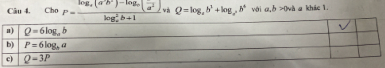 Cho P=frac log _a(a^3b^2)-log _b(frac a^2)(log _a)^2b+1 và Q=log _ab^3+log _a^2b^6 với a,b>0 và a khác 1.