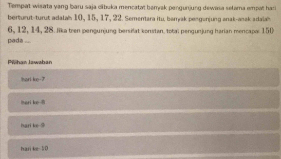 Tempat wisata yang baru saja dibuka mencatat banyak pengunjung dewasa selama empat hari
berturut-turut adalah 10, 15, 17, 22. Sementara itu, banyak pengunjung anak-anak adalah
6, 12, 14, 28. Jika tren pengunjung bersifat konstan, total pengunjung harian mencapai 150
pada ....
Pilihan Jawaban
hari ke -7
hari ke- 8
hari ke -9
hari ke -10