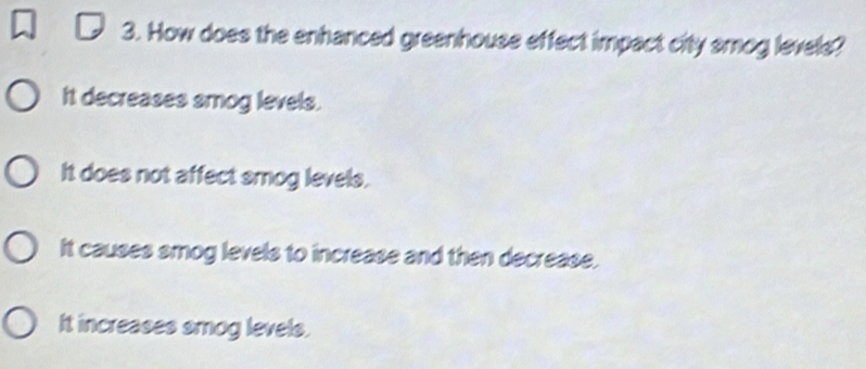 Solved: How does the enhanced greenhouse effect impact city smog levels ...