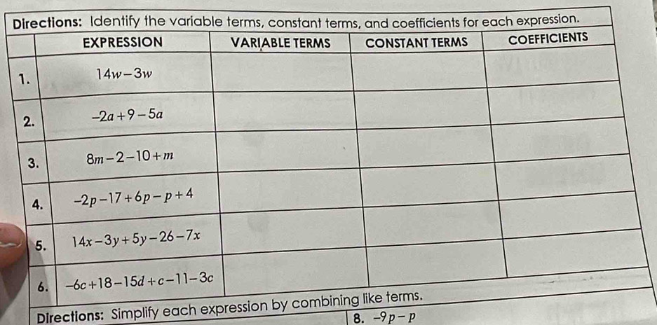 Directions: Simplify each expr
8. -9p-p