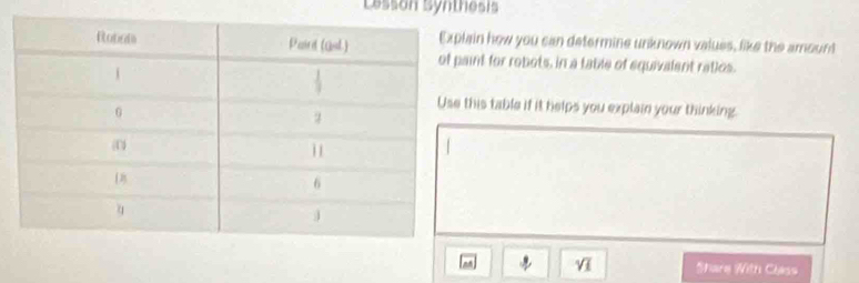 Lesson Synthesis 
in how you can determine unknown values, like the amount 
int for robots, in a table of equivalent ratios. 
his table if it helps you explain your thinking. 
sqrt(1) Share With Cliss