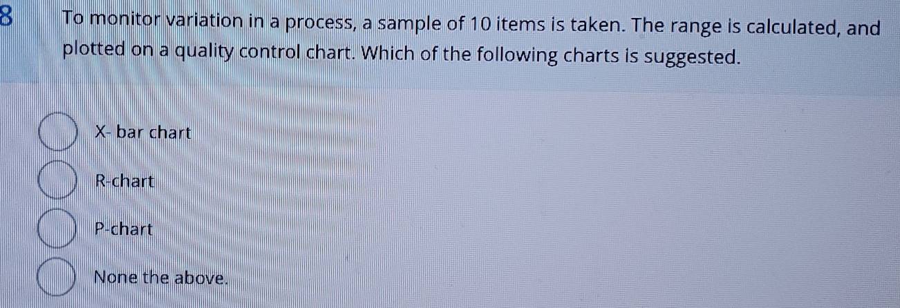 Solved: To monitor variation in a process, a sample of 10 items is ...