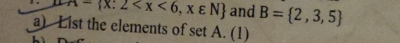 aA= x:2 and B= 2,3,5
a) List the elements of set A. (1)