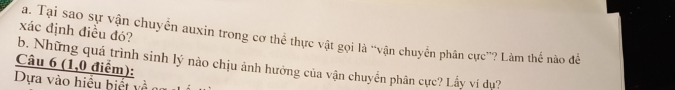 xác định điều đó? 
a. Tại sao sự vận chuyển auxin trong cơ thể thực vật gọi là “vận chuyển phân cực”? Làm thế nào để 
Câu 6 (1,0 điểm): b. Những quá trình sinh lý nào chịu ảnh hưởng của vận chuyển phân cực? Lấy ví du? 
Dựa vào hiểu biết x