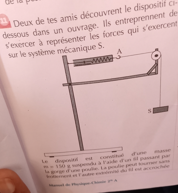 Deux de tes amis découvrent le dispositif ci 
dessous dans un ouvrage. Ils entreprennent de 
S exercer à représenter Îes forces qui s'exercent
-1
sur le sys
m=150 g suspendu 
la gorge d'une poulie. La poulie peut tou 
frottement et l'autre extrémité du fil est accrochée 
Manuel de Physique-Chimie 2^(omega _0)A