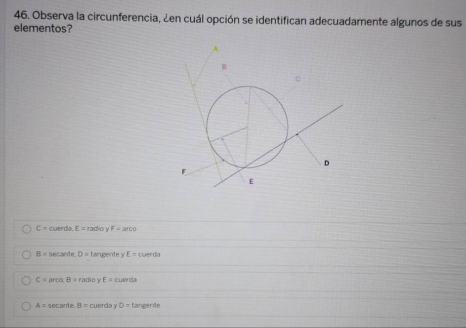 Observa la circunferencia, ¿en cuál opción se identifican adecuadamente algunos de sus
elementos?
C= cuerda E= radio y F=arco
B=sec ante, D= tangente y E= cuerda
C=arccos B=radio y E= cuerda
A= secante, B= cuerda y D= tangente