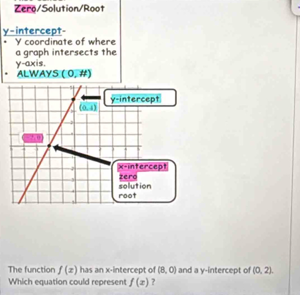 Zero/Solution/Root
y-intercept-
Y coordinate of where
a graph intersects the
y-axis.
ALWAYS (0,# )
The function f(x) has an x-intercept of (8,0) and a y-intercept of (0,2).
Which equation could represent f(x) ?