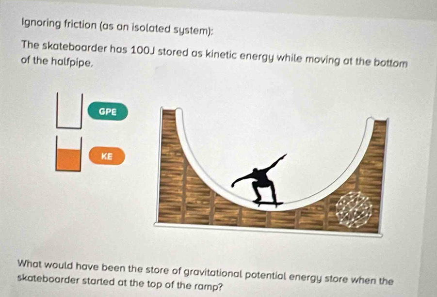 Ignoring friction (as an isolated system): 
The skateboarder has 100J stored as kinetic energy while moving at the bottom 
of the halfpipe. 
GPE 
KE 
What would have been the store of gravitational potential energy store when the 
skateboarder started at the top of the ramp?