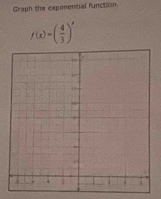 Graph the exponential function.
f(x)=( 4/3 )^x