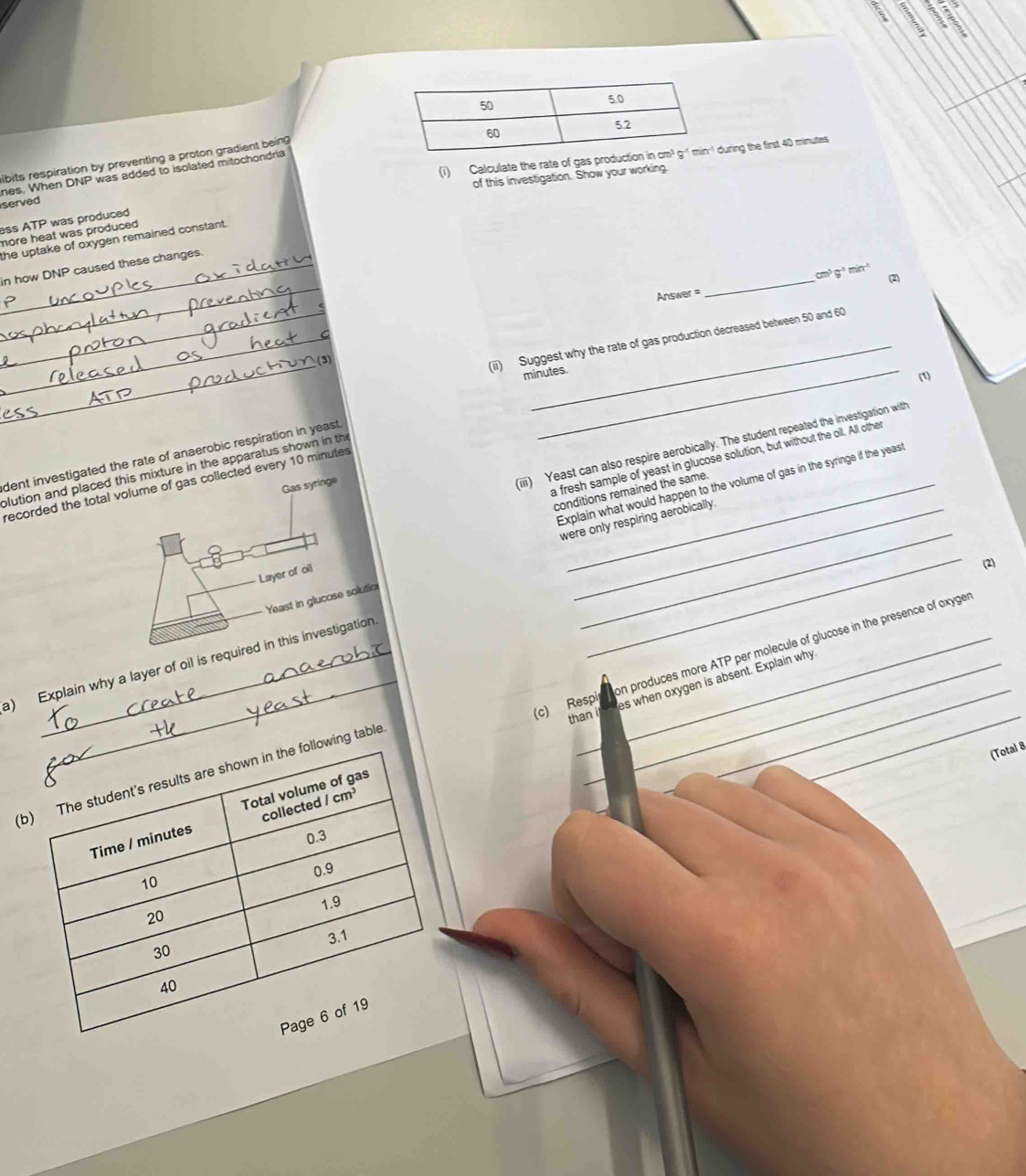a
a 3
during the first 40 minutes
ibits respiration by preventing a proton gradient being 
nes. When DNP was added to isolated mitochondria
served (i) Calculate the rate of gas prod
of this investigation. Show your working
ATP
more heat was produced .  was produced 
the uptake of oxygen remained constant .
_
_in how DNP caused these changes.
_cm 9^(-5)min^(-1) (2)
Answer =
_
_
__(ii) Suggest why the rate of gas production decreased between 50 and 60
minutes.
(1)
dent investighe rate of anaerobic respiration in yeast .
plution and pl the apparatus shown in the
recorded the ery 10 minutes_
(ii) Yeast can also respire aerobically. The student repeated the investigation with
a fresh sample of yeast in glucose solution, but without the oil. All other
conditions remained the same.
Explain what would happen to the volume of gas in the syringe if the yeast
o were only respiring aerobically.
(2)
a) Explain why a layer of oil is_
(c) Respi on produces more ATP per molecule of glucose in the presence of oxyger
_than i d es when oxygen is absent. Explain why
_
(Total 8
_
(ing table.
_