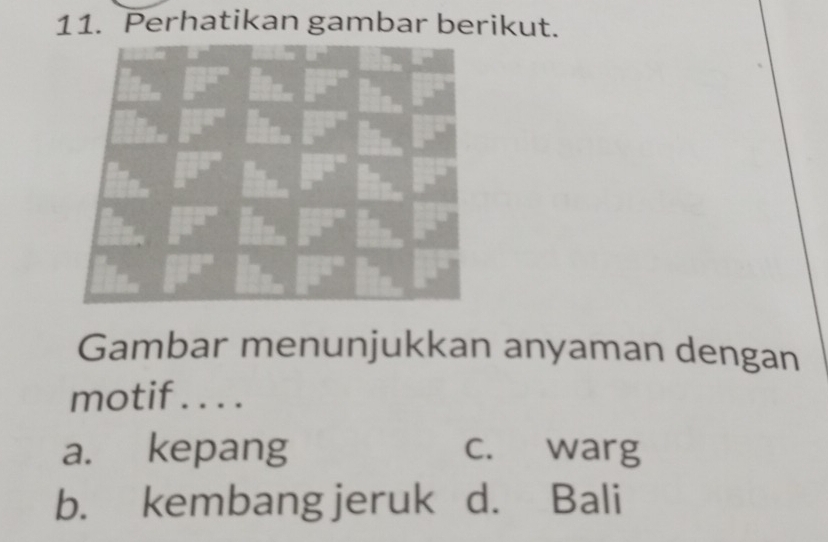 Perhatikan gambar berikut.
Gambar menunjukkan anyaman dengan
motif . . . .
a. kepang c. warg
b. kembang jeruk d. Bali