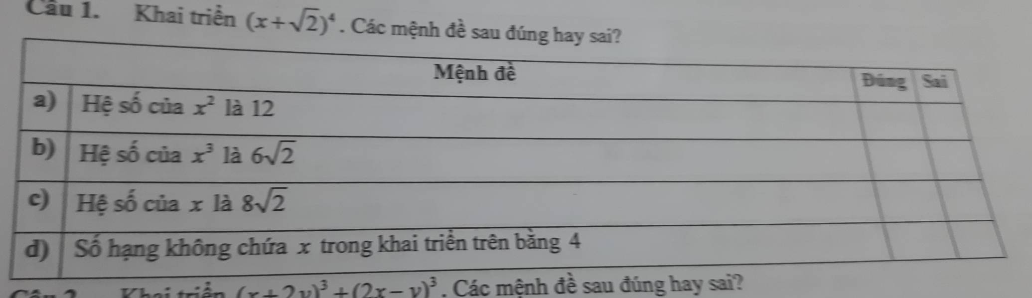 Cầu 1. Khai triển (x+sqrt(2))^4. Các mệnh đ
(x+2y)^3+(2x-y)^3. Các mệnh đề sau đúng hay