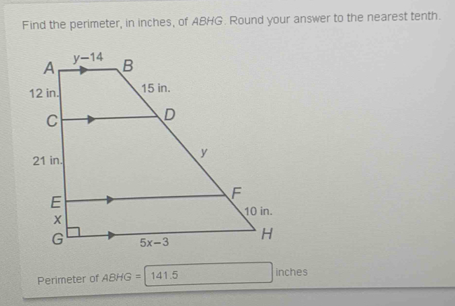 Solved: Find the perimeter, in inches, of ABHG. Round your answer to ...