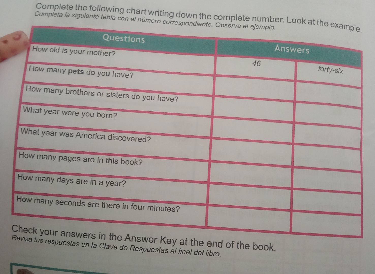 Complete the following chart writing down the complete number. 
Completa la siguiente tabla con el n 
end of the book. 
stas en la Clave de Respuestas al final del libro.